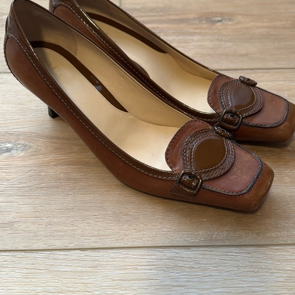 Cole Haan Brown Leather Pumps Brown Buckle Kitten Heel Women Shoes - Picture 10 of 16